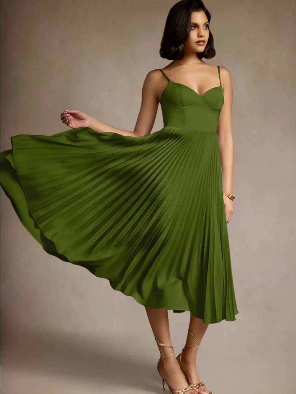 Azazie Atelier Emma Pleated Corset Top Midi Cocktail Dress  Olive Green  NWT 2